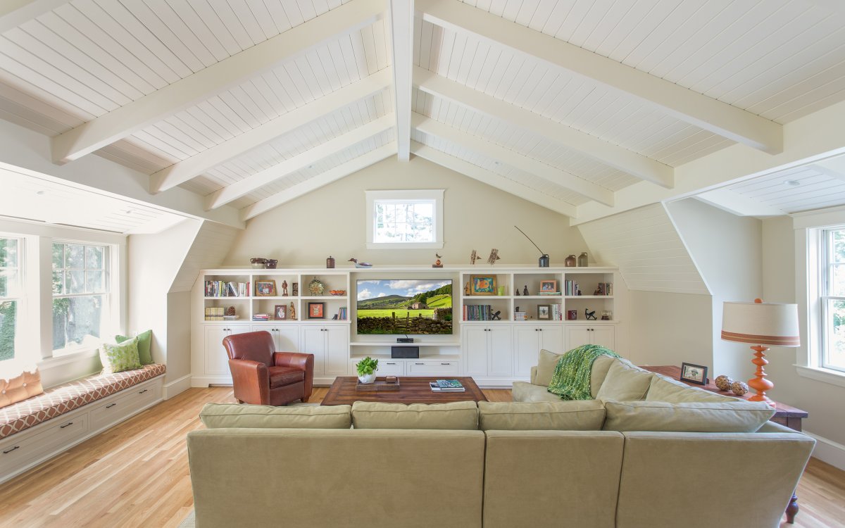 family room with dormer© Jacob Lilley Architects Lexington, MA