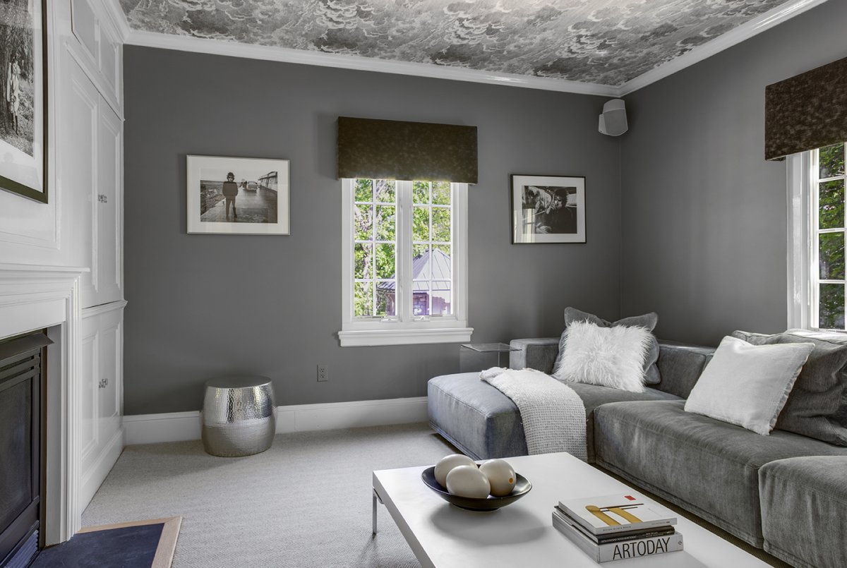 tv room with wall covering cloud art on the ceiling© Jacob Lilley Architects Wellesley, MA